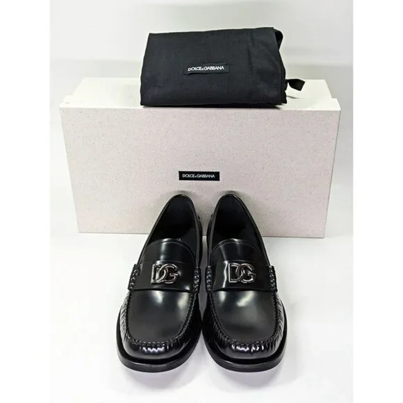 Dolce & Gabbana Men's DG-Plaque Polished Calfskin Leather Loafers Size 8.5